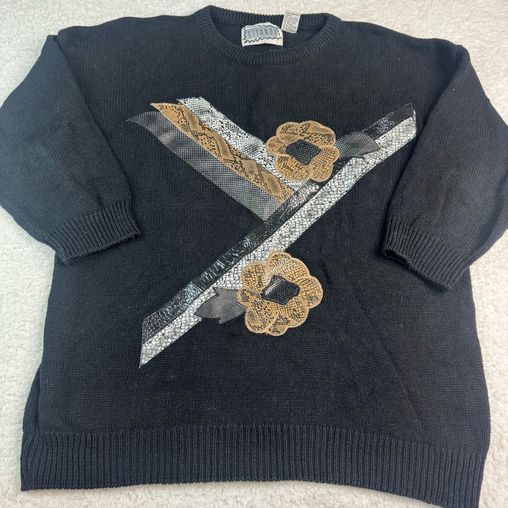 Gitano Vintage‎ Women’s Black Sweater Gold Flower Snakeskin 90s Retro 44/24W 3XL